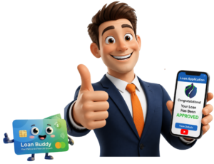 Cartoon businessman giving a thumbs up next to a phone showing a loan application approved message, alongside the Quick20K Loan Buddy credit card mascot